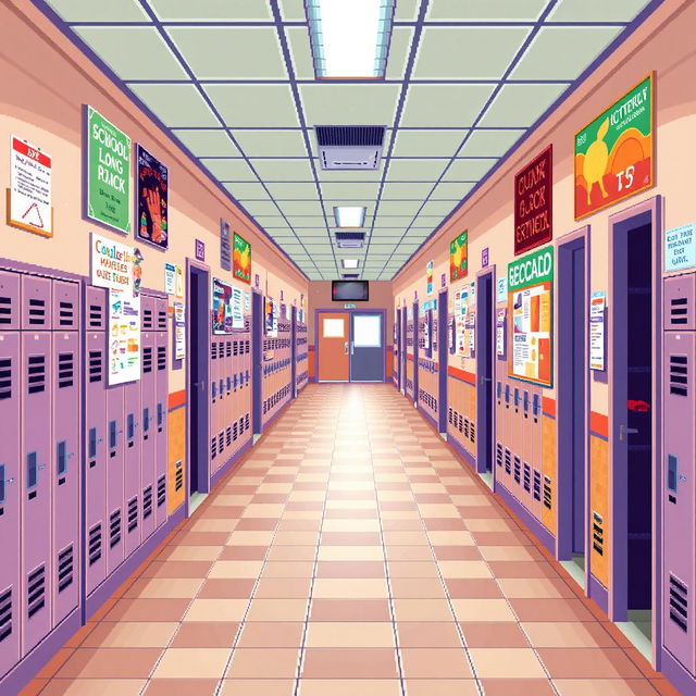 An RPG pixel art map depicting a school hallway from an overhead (top-down) view, presented in a horizontal orientation