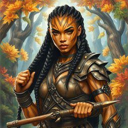A striking drawing of a female earth genasi, her skin shimmering like the tigers eye gemstone, showcasing stunning golden and brown patterns
