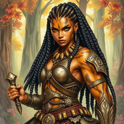 A striking drawing of a female earth genasi, her skin shimmering like the tigers eye gemstone, showcasing stunning golden and brown patterns