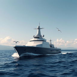A modern frigate ship sailing through calm blue waters