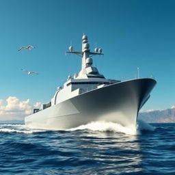 A modern frigate ship sailing through calm blue waters