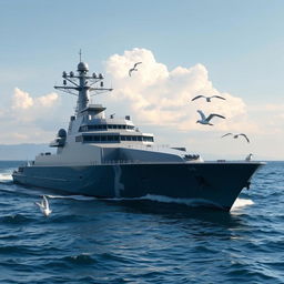 A modern frigate ship sailing through calm blue waters