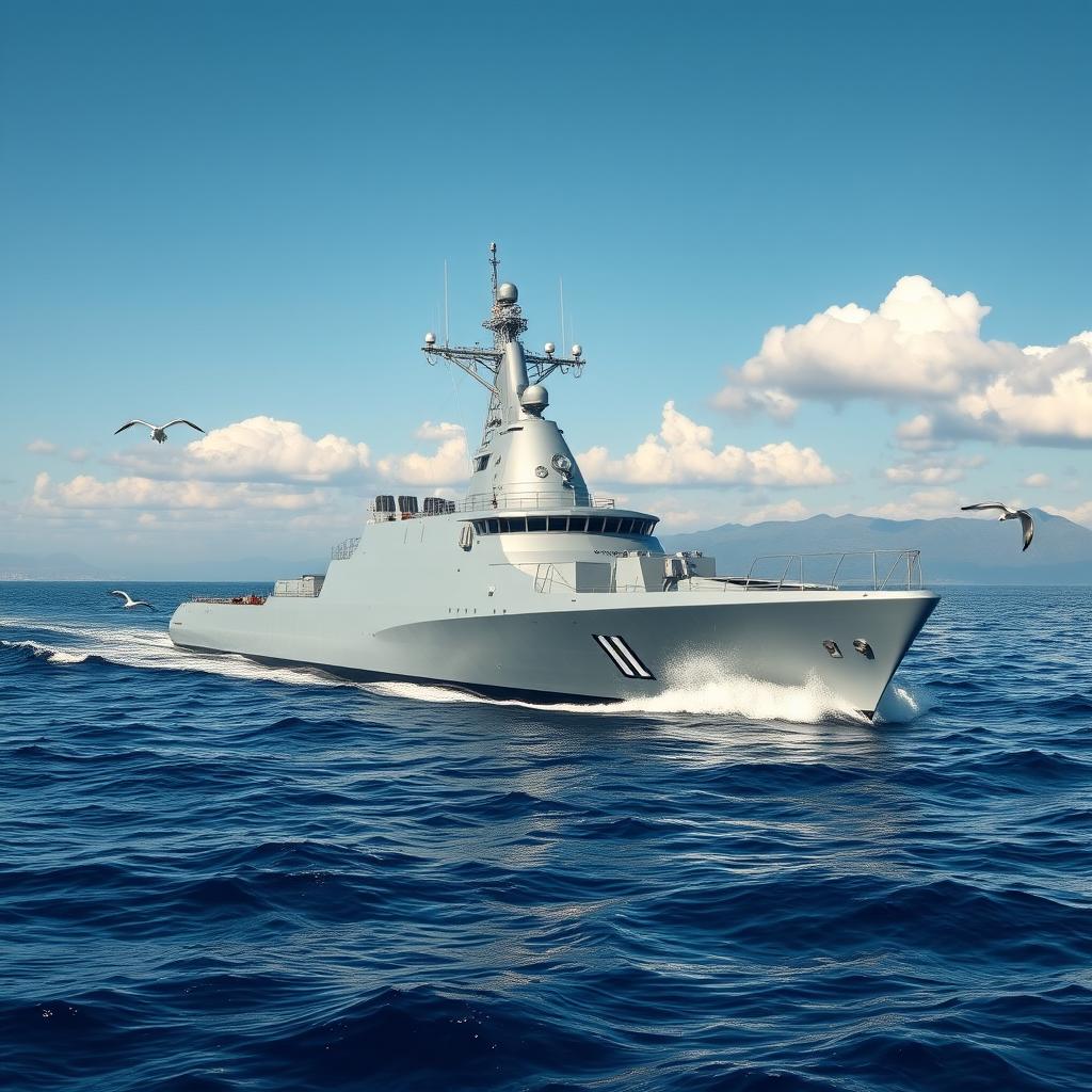 A modern frigate ship sailing through calm blue waters