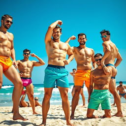 A group of athletic men confidently posing on a sunny beach, wearing vibrant full cut bikini bottoms in various colors