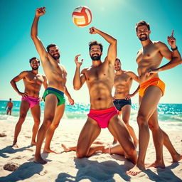 A group of athletic men confidently posing on a sunny beach, wearing vibrant full cut bikini bottoms in various colors