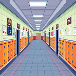 An RPG pixel art map showcasing a school hallway, designed in a horizontal format with an overhead (top-down) view