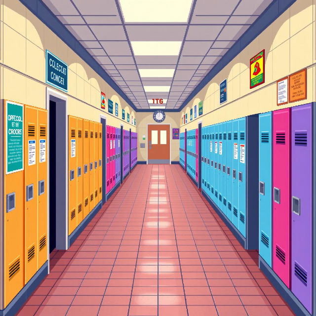 An RPG pixel art map showcasing a school hallway, designed in a horizontal format with an overhead (top-down) view