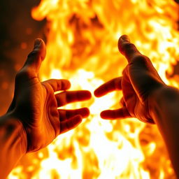 Close-up of two hands reaching out toward each other, with a striking backdrop of swirling flames