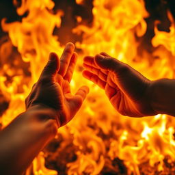 Close-up of two hands reaching out toward each other, with a striking backdrop of swirling flames