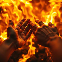 Close-up of two hands reaching out toward each other, with a striking backdrop of swirling flames