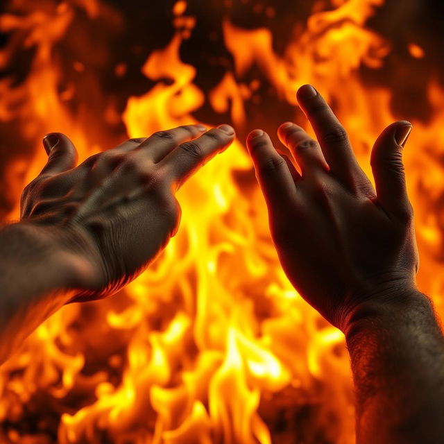 Close-up of two hands reaching out toward each other, with a striking backdrop of swirling flames