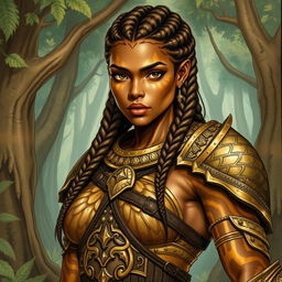 A detailed drawing of a female earth genasi, her skin shimmering like the tigers eye gemstone with captivating golden and brown patterns