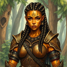 A detailed drawing of a female earth genasi, her skin shimmering like the tigers eye gemstone with captivating golden and brown patterns