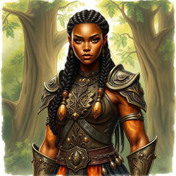 A detailed drawing of a female earth genasi, her skin shimmering like the tigers eye gemstone with captivating golden and brown patterns
