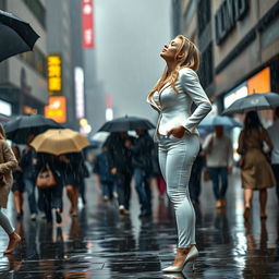 A beautiful, voluptuous 19-year-old blond girl stands on a bustling sidewalk during a torrential downpour, surrounded by people holding umbrellas