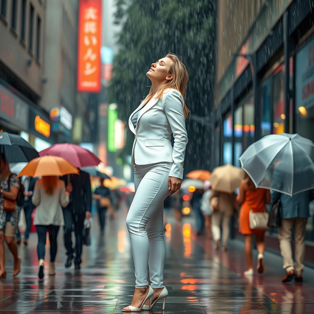 A beautiful, voluptuous 19-year-old blond girl stands on a bustling sidewalk during a torrential downpour, surrounded by people holding umbrellas