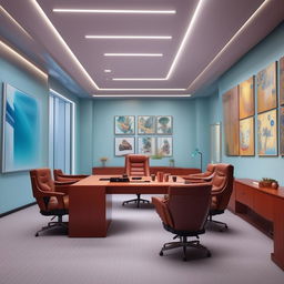 Rework the design to portray a boss's office rather than a meeting hall using Nepali thematics. Include a commanding desk-chair setup, fewer seats, more wall pictures and a small sofa. Keep the light-blue color scheme with its tints and tones.