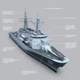 A modern frigate equipped with advanced military technology, featuring a single 127 mm/42 caliber gun mounted on the bow, and a sophisticated array of weapon systems including 42 vertical launch system (VLS) anti-air missiles positioned on both sides of the ship, and 16 VLS launch systems for land attack missiles