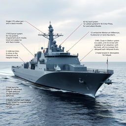 A modern frigate equipped with advanced military technology, featuring a single 127 mm/42 caliber gun mounted on the bow, and a sophisticated array of weapon systems including 42 vertical launch system (VLS) anti-air missiles positioned on both sides of the ship, and 16 VLS launch systems for land attack missiles