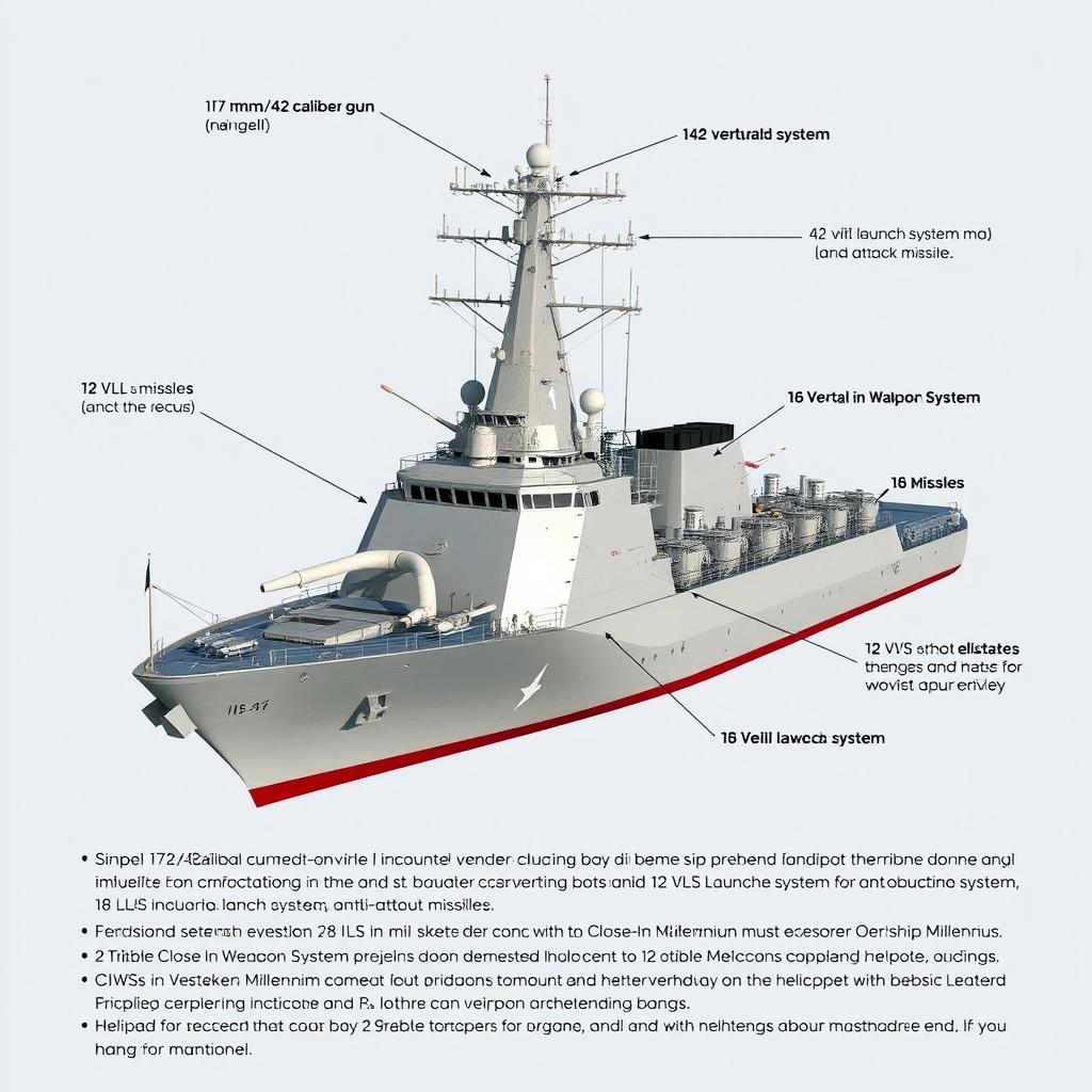 A modern frigate equipped with advanced military technology, featuring a single 127 mm/42 caliber gun mounted on the bow, and a sophisticated array of weapon systems including 42 vertical launch system (VLS) anti-air missiles positioned on both sides of the ship, and 16 VLS launch systems for land attack missiles
