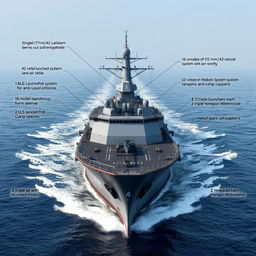 A modern frigate equipped with advanced military technology, featuring a single 127 mm/42 caliber gun mounted on the bow, and a sophisticated array of weapon systems including 42 vertical launch system (VLS) anti-air missiles positioned on both sides of the ship, and 16 VLS launch systems for land attack missiles