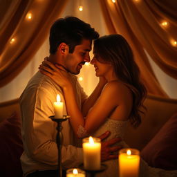 An intimate setting featuring a couple engaged in a passionate embrace, surrounded by soft candlelight that creates a romantic ambiance