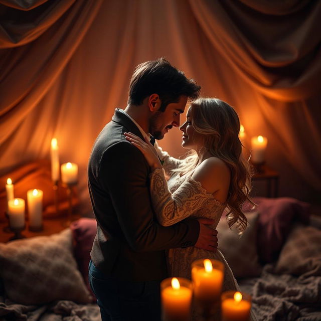 An intimate setting featuring a couple engaged in a passionate embrace, surrounded by soft candlelight that creates a romantic ambiance