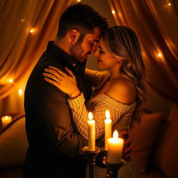 An intimate setting featuring a couple engaged in a passionate embrace, surrounded by soft candlelight that creates a romantic ambiance