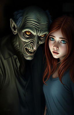 A chilling horror scene depicting a thin, scary old man with deeply unsettling brown eyes that exude a sinister aura