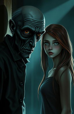 A chilling horror scene depicting a thin, scary old man with deeply unsettling brown eyes that exude a sinister aura