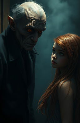 A chilling horror scene depicting a thin, scary old man with deeply unsettling brown eyes that exude a sinister aura