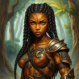 A vibrant drawing of a 20-year-old female earth genasi, her skin glistening like the tigers eye gemstone with mesmerizing golden and brown patterns