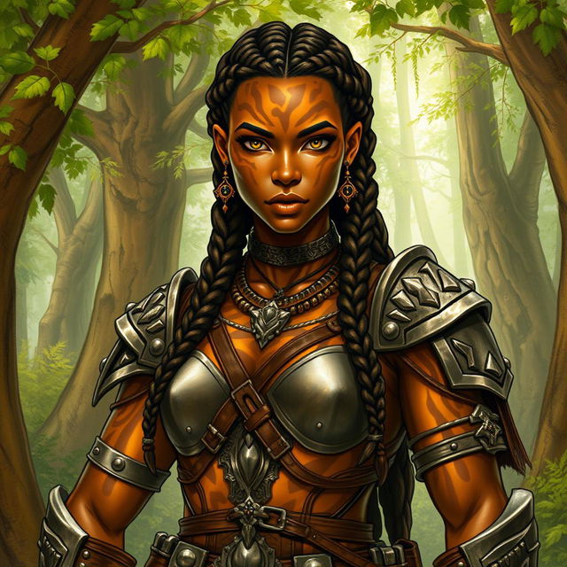 A vibrant drawing of a 20-year-old female earth genasi, her skin glistening like the tigers eye gemstone with mesmerizing golden and brown patterns