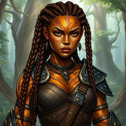 A vibrant drawing of a 20-year-old female earth genasi, her skin glistening like the tigers eye gemstone with mesmerizing golden and brown patterns