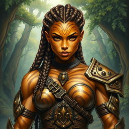 A vibrant drawing of a 20-year-old female earth genasi, her skin glistening like the tigers eye gemstone with mesmerizing golden and brown patterns