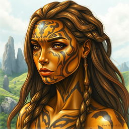 A captivating drawing of a female earth genasi, her skin resembling the mesmerizing patterns of tigers eye gemstone, with shimmering golden and brown hues
