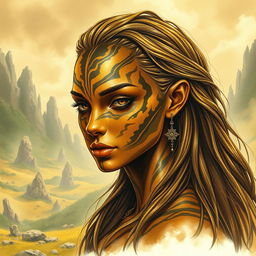 A captivating drawing of a female earth genasi, her skin resembling the mesmerizing patterns of tigers eye gemstone, with shimmering golden and brown hues