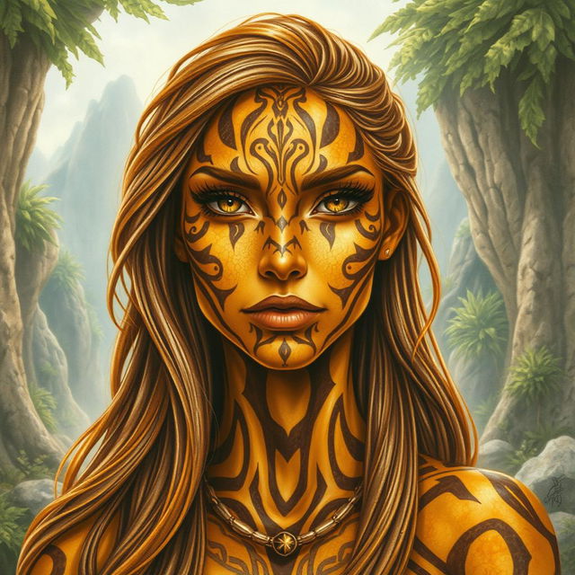 A captivating drawing of a female earth genasi, her skin resembling the mesmerizing patterns of tigers eye gemstone, with shimmering golden and brown hues