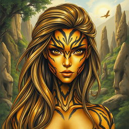 A captivating drawing of a female earth genasi, her skin resembling the mesmerizing patterns of tigers eye gemstone, with shimmering golden and brown hues