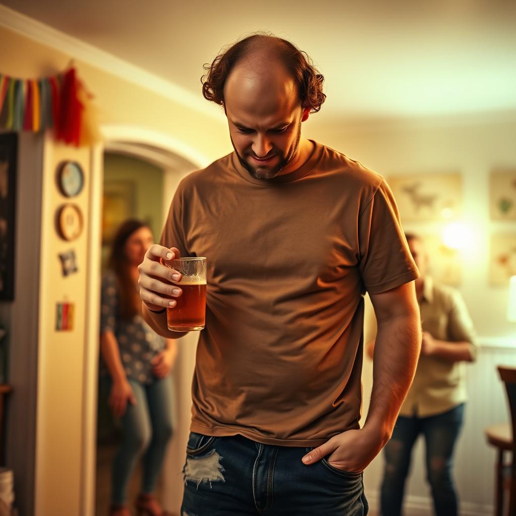 A comical scene featuring an embarrassed adult man in casual clothing, standing in a brightly lit room