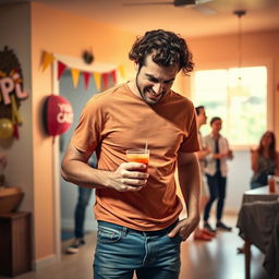 A comical scene featuring an embarrassed adult man in casual clothing, standing in a brightly lit room