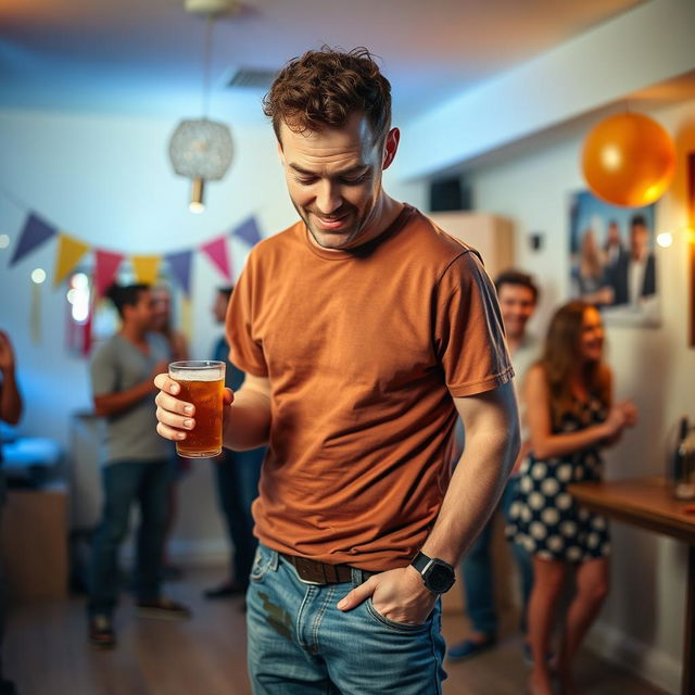 A comical scene featuring an embarrassed adult man in casual clothing, standing in a brightly lit room