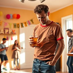 A comical scene featuring an embarrassed adult man in casual clothing, standing in a brightly lit room
