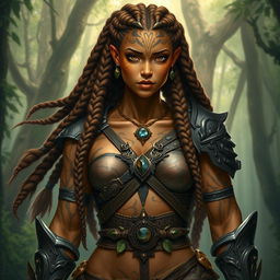 A female earth genasi character, with skin resembling the rich, golden-brown and black swirls of tigers eye gemstone