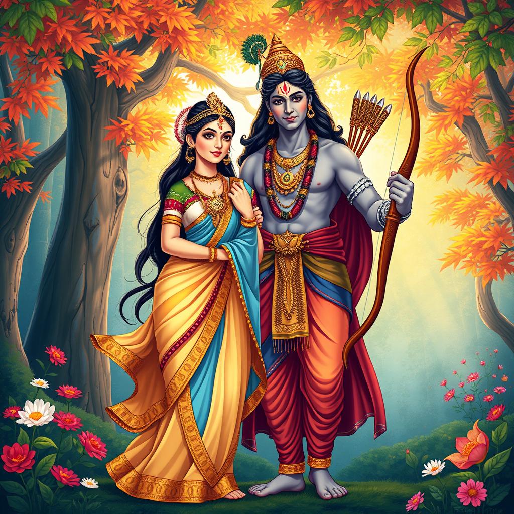 A vibrant and beautifully illustrated depiction of Sita and Rama from Hindu mythology, standing together in a lush forest setting