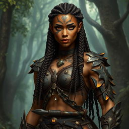 A female earth genasi character, with skin resembling the rich, golden-brown and black swirls of tigers eye gemstone