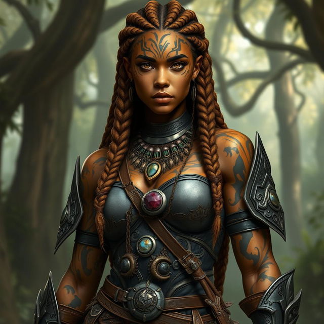 A female earth genasi character, with skin resembling the rich, golden-brown and black swirls of tigers eye gemstone