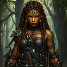 A female earth genasi character, with skin resembling the rich, golden-brown and black swirls of tigers eye gemstone