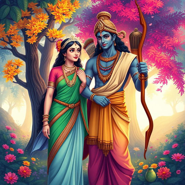 A vibrant and beautifully illustrated depiction of Sita and Rama from Hindu mythology, standing together in a lush forest setting