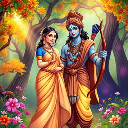 A vibrant and beautifully illustrated depiction of Sita and Rama from Hindu mythology, standing together in a lush forest setting